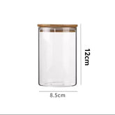 Glass Storage Jar with Wooden Lid(8.5*12CM) showcasing dimensions of 8.5 cm by 12 cm for kitchen organization.